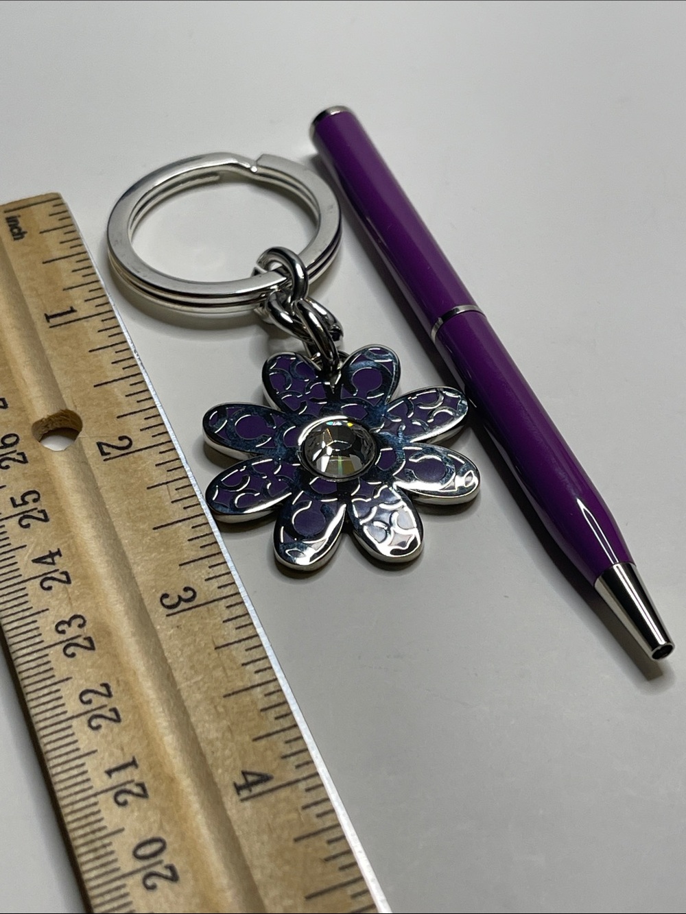 Coach Flower Charm Keyring with Purple Enamel, Crystal, and Coach Pen - Picture 3 of 6